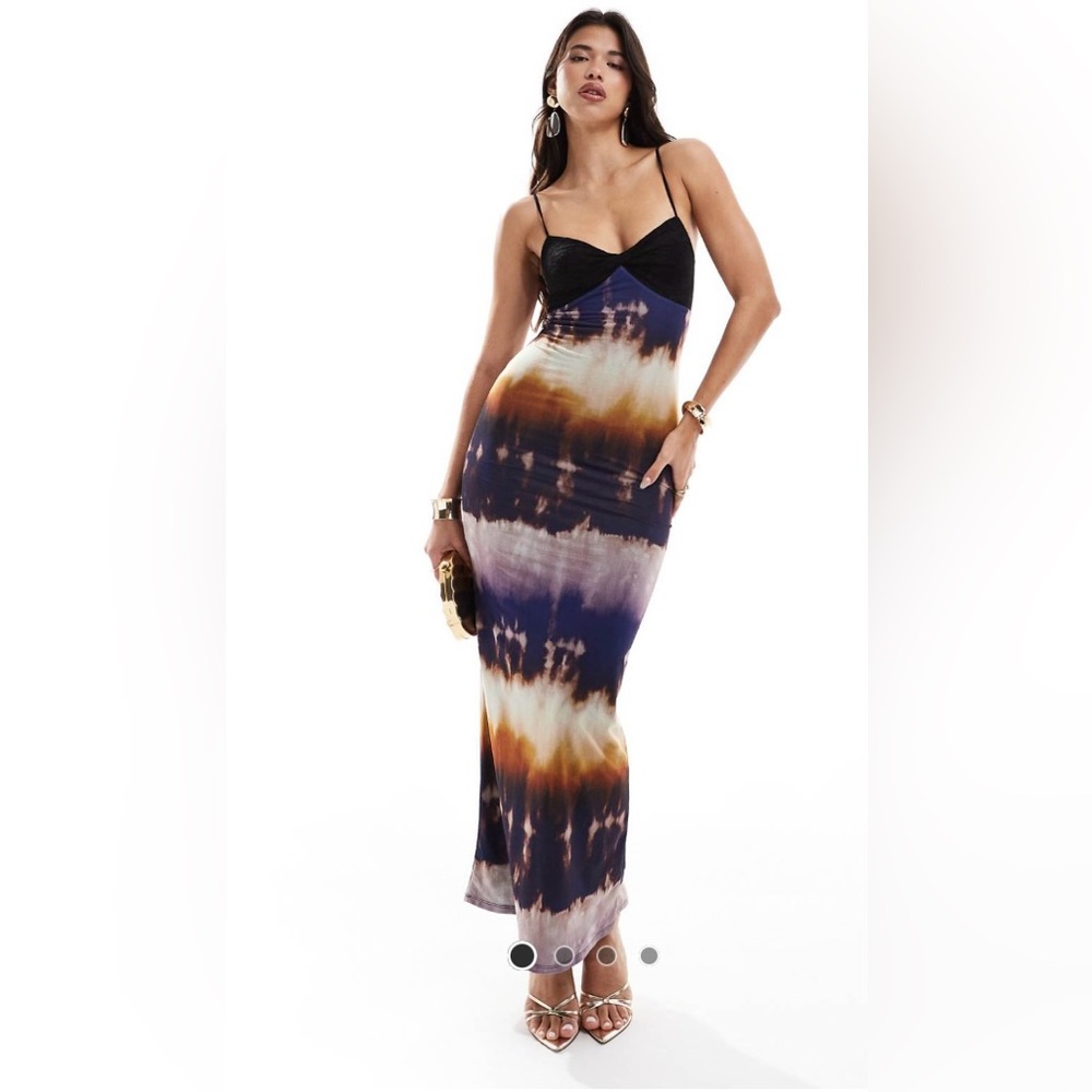 ASOS Design strappy maxi dress with lace bust in tie dye stripe